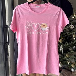 PEACE LOVE AND CHAI Port and Company women Pink Tee -  Small 100% soft cotton